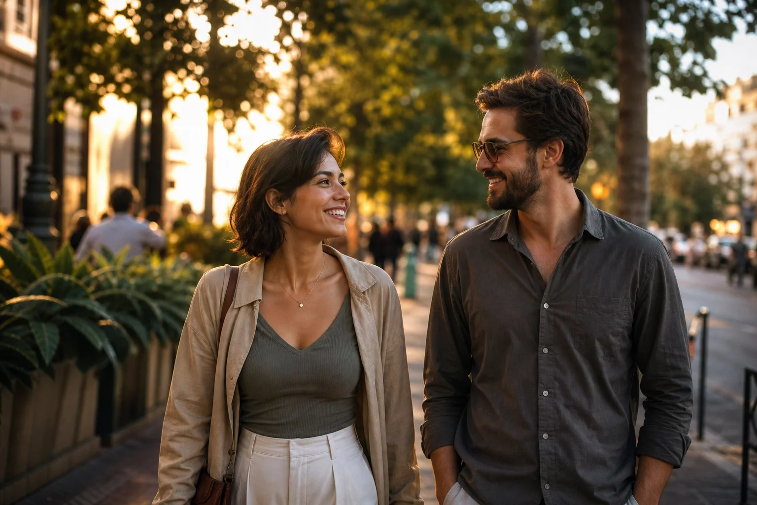 Two friends sharing a joyful moment during a city walk